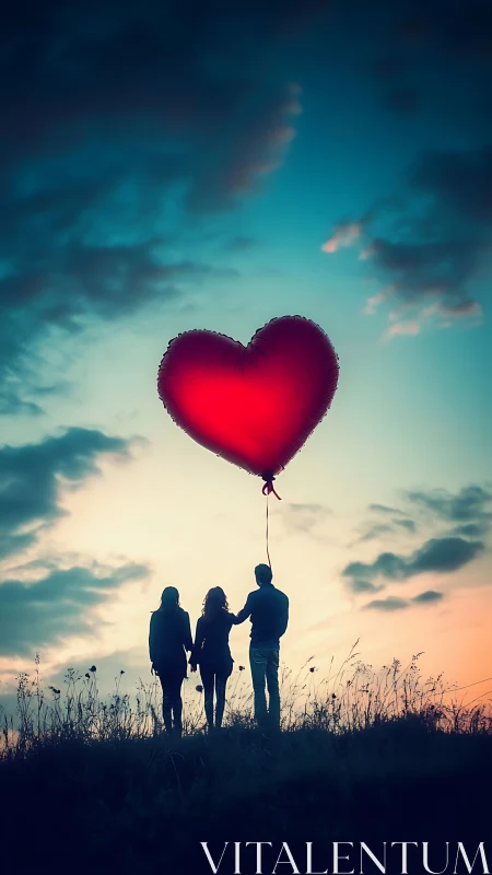 Three Hearts Ascending: Silhouettes Clasping Oversized Love Balloon