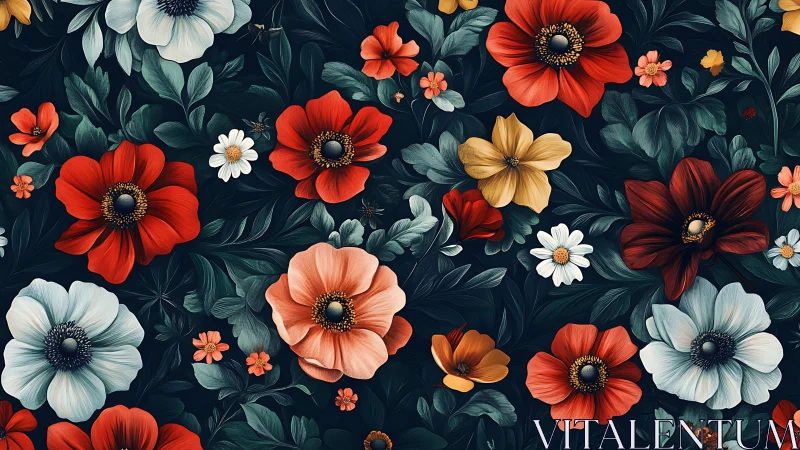 Vibrant floral arrangement blooms against deep navy background.