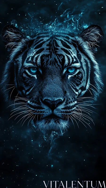 Blue neon tiger portrait with glowing cosmic details.