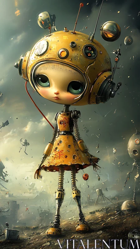 Small robot girl stands in damaged landscape with debris