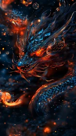 Fiery blue dragon swirling through glowing embers at night.