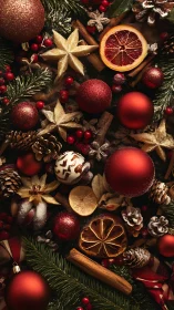Festive Christmas still life with ornaments and dried citrus.