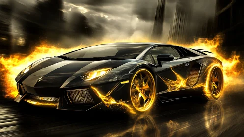 Flaming black supercar racing through molten city streets.