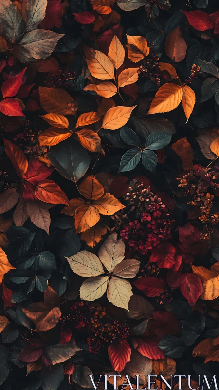 Midnight autumn leaves whisper in copper and ember hush.