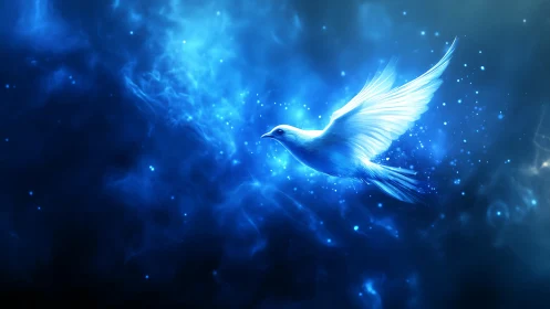 Luminous white dove glides gently through a glowing blue sky