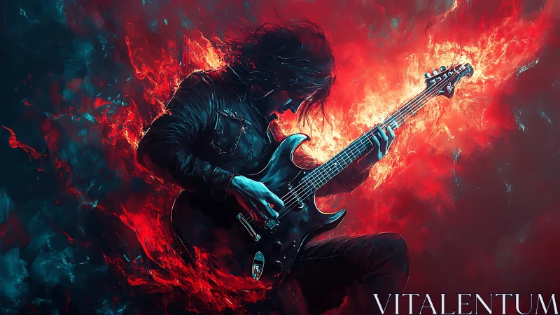 Guitarist rendered amid abstract red and blue digital flames