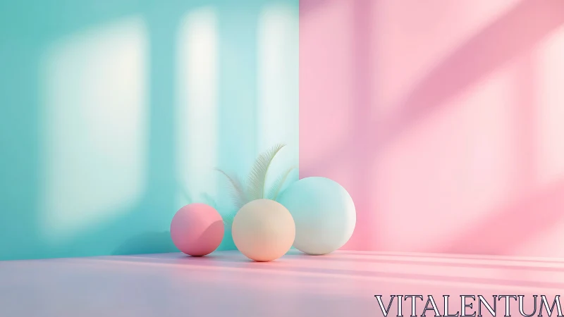 Pastel spheres and fronds form a minimal 3D studio composition