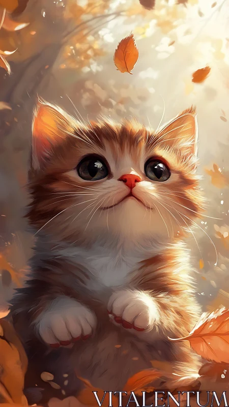 Autumn Kitten Watches Falling Leaves in Golden Light.