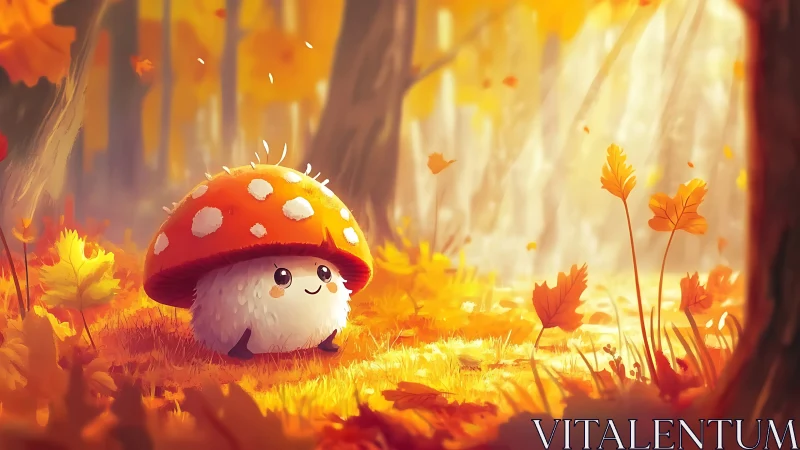Cute mushroom creature rests in a glowing autumn forest clearing