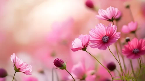 Pink cosmos flowers in soft focus garden setting.