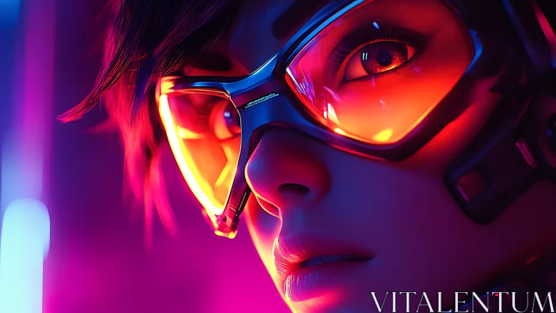 Close cybernetic portrait with neon visor reflections.