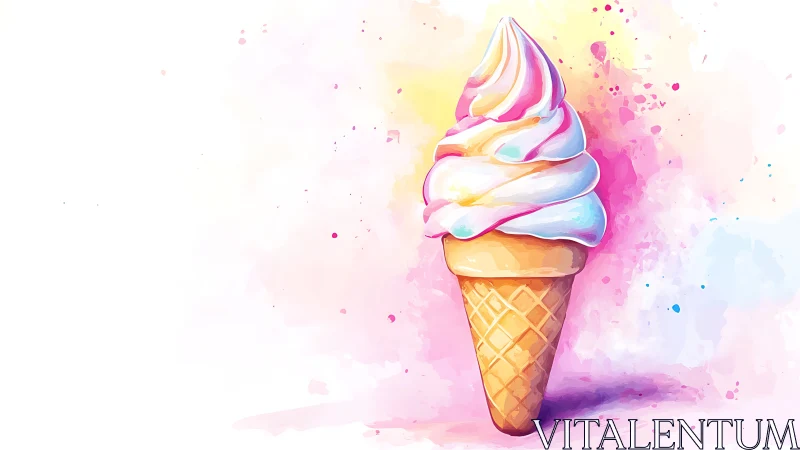 Soft-serve ice cream cone in bright watercolor splashes.