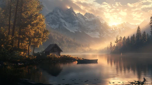 Morning mist over alpine lake with cabin and timber boat.