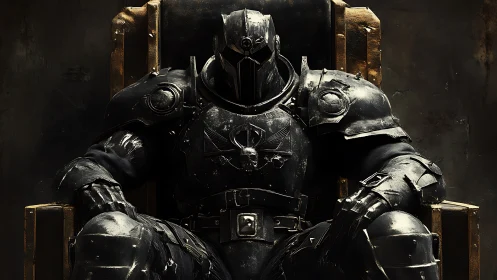 Armored warlord rests on a throne of worn metal and shadow.