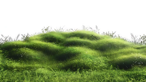 Soft green meadow of sunlit grass and quiet wild growth.