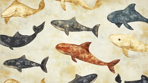 Whale flotilla drifts across weathered parchment seas.