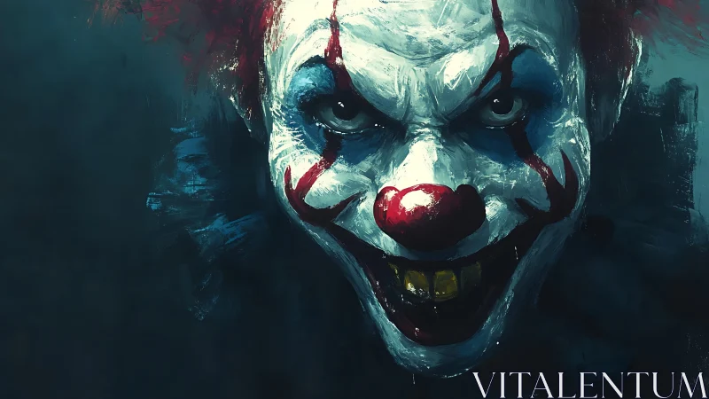 Grinning nightmare clown lunges from the darkness, eyes blazing.