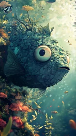 Gentle stone-scaled fish drifts through a dreamy coral garden