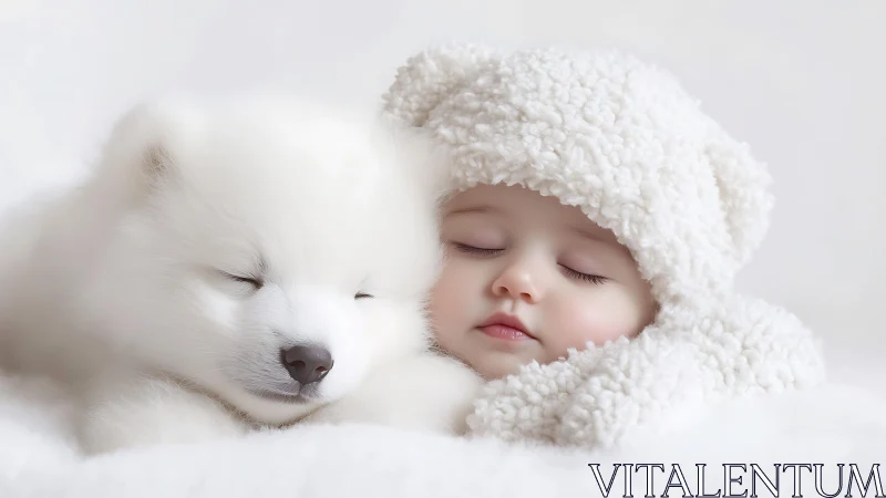 Sleeping baby and white puppy share soft winter cuddle.