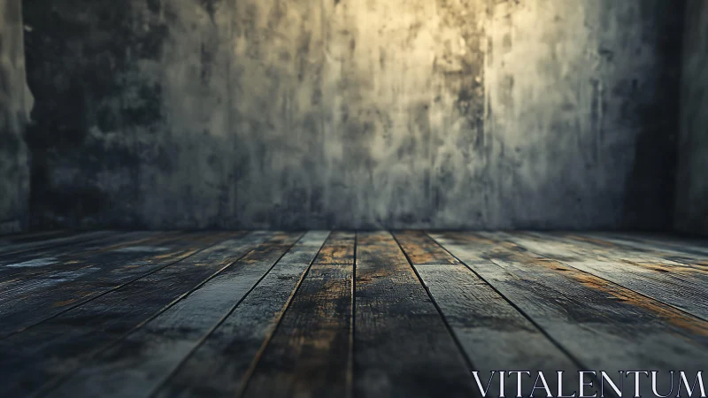 Rustic Wooden Floor and Grunge Wall in Moody Lighting Scene.
