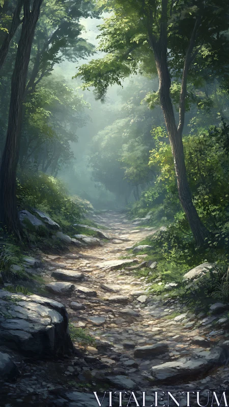Misty Forest Path Through Ancient Trees