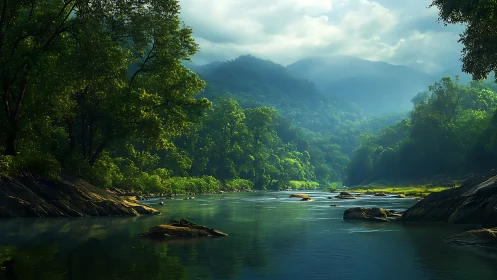 River cuts through dense green forest beneath misty hills