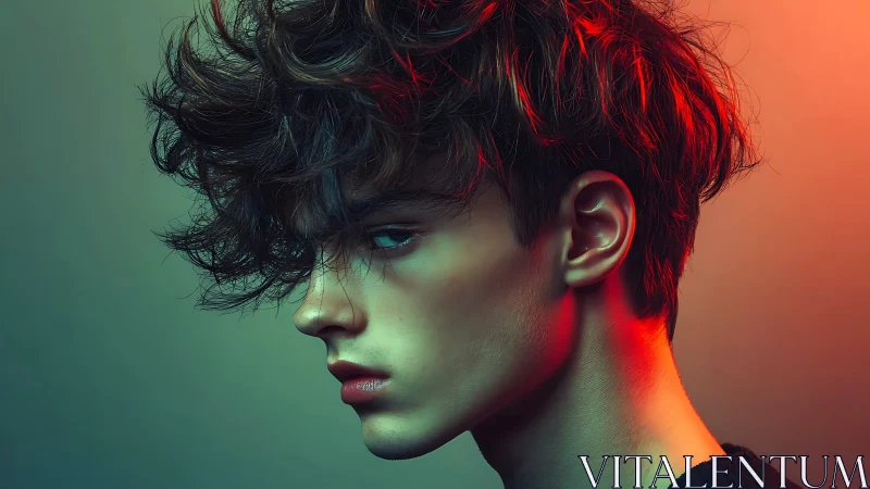 Moody portrait under teal green and red rim lighting glow.