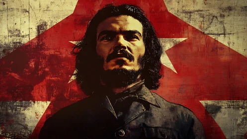 Long haired man stands before distressed red star mural