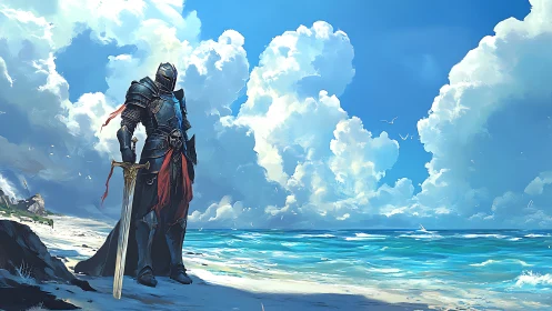 Armored knight standing on bright ocean shoreline
