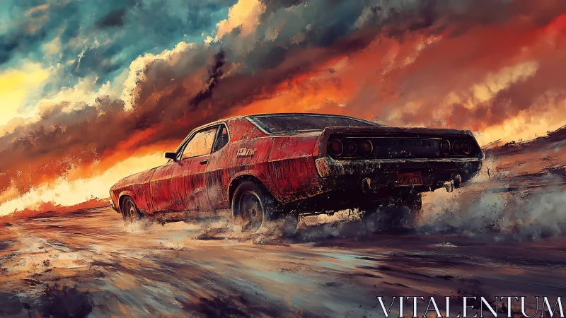 Red muscle car crossing wet terrain under dramatic sky.