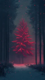 Luminous red fir tree in snow-covered conifer forest at dusk