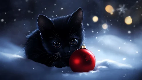 Black kitten guards red bauble in glowing winter snow.