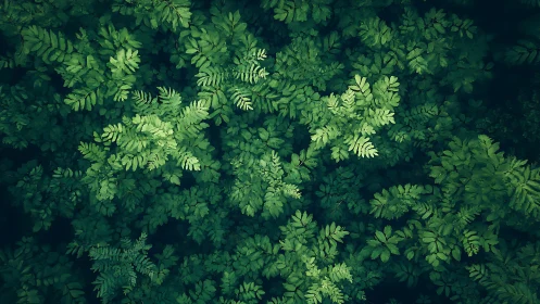 Lush fern canopy captured from above in cool green light.
