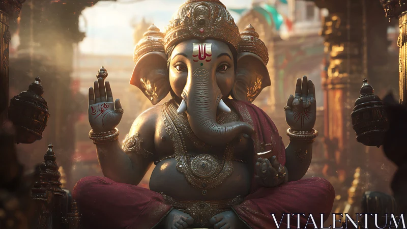 Golden temple glow around serene elephant deity blessing.
