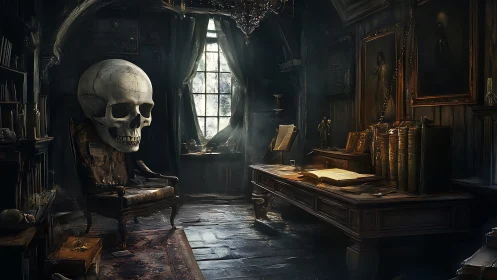 Candlelit study where a giant skull quietly keeps watch.
