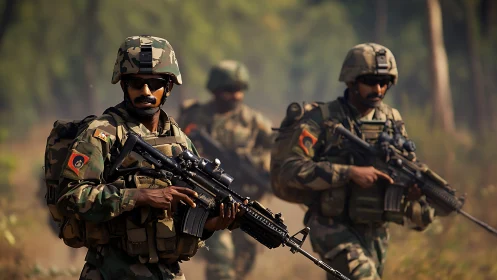 Armed soldiers advance cautiously through sunlit forest terrain