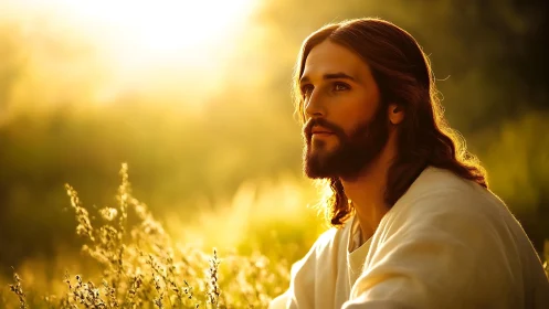 Portrait of long haired man in glowing golden sunset field