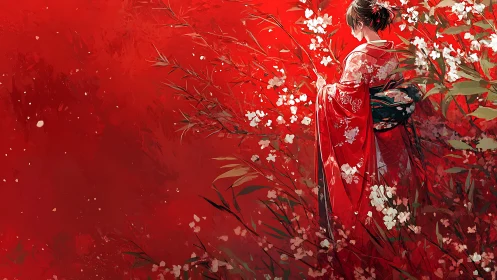 Geisha in crimson blossoms embraces vivid scarlet silence.