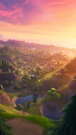 Sunset washes a stylized valley in glowing pastel light.