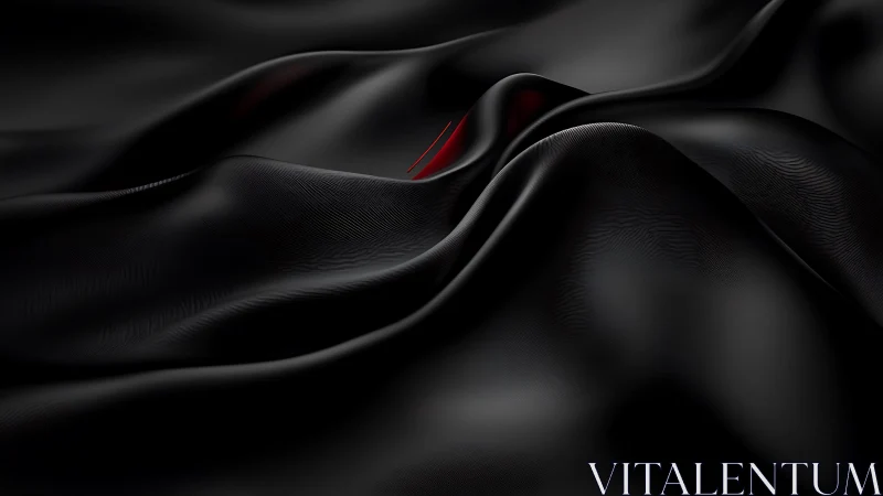 Abstract black silk waves with subtle red accents, digital art.