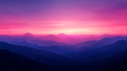 Vibrant pink and purple sunset over layered mountains.