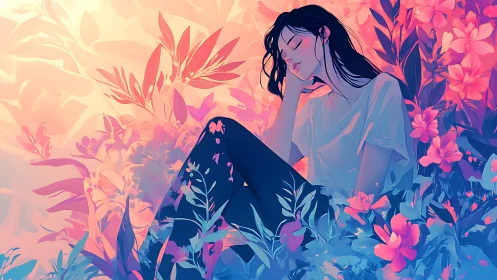 Somnolent figure in chromatic floral diffusion field study.