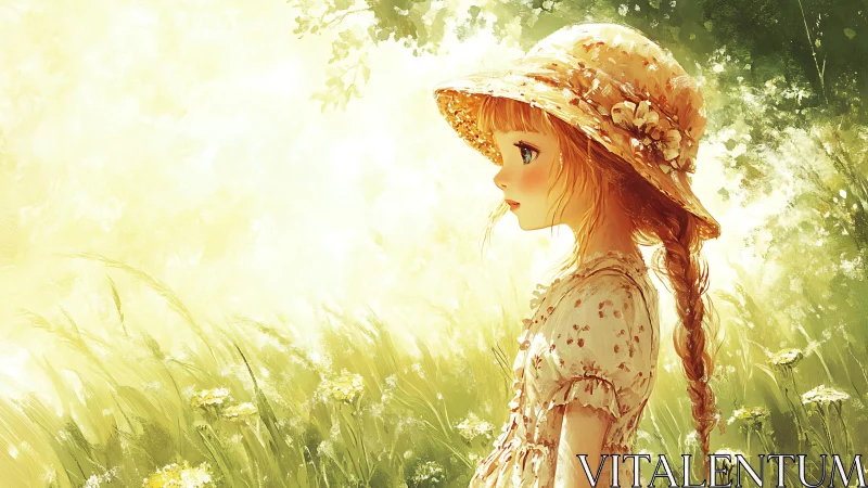 Backlit profile of braided girl in straw hat within sunlit meadow