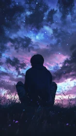 Stargazing dreamer beneath violet dusk and restless clouds.
