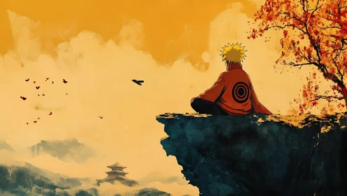 Solitary ninja silhouette on autumn cliff over mist valley.