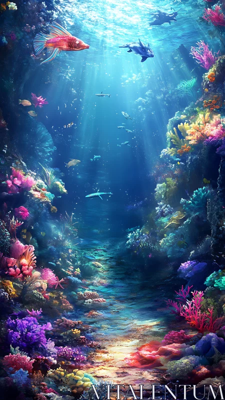Fantasy coral canyon under glowing tropical reef water.