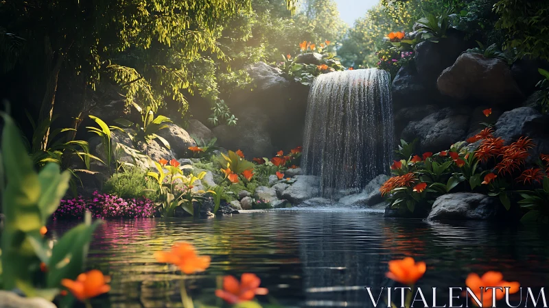 3D botanical waterfall grotto with luminous floral banks.