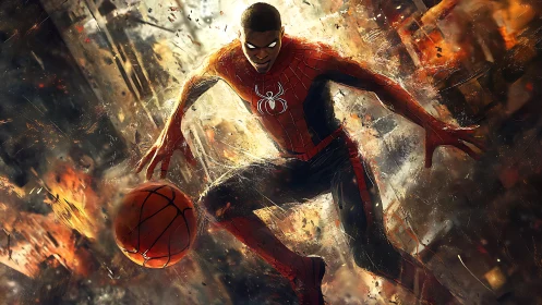 Spider-suited basketball player amid blurred urban motion.