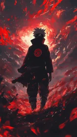 Lone ninja silhouette walks through swirling crimson storm.