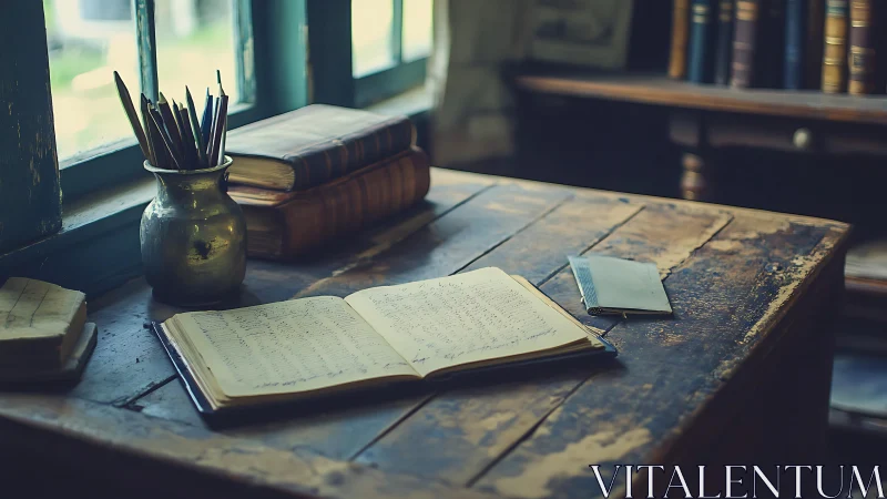 Old wooden desk with open notebook and stacked books.